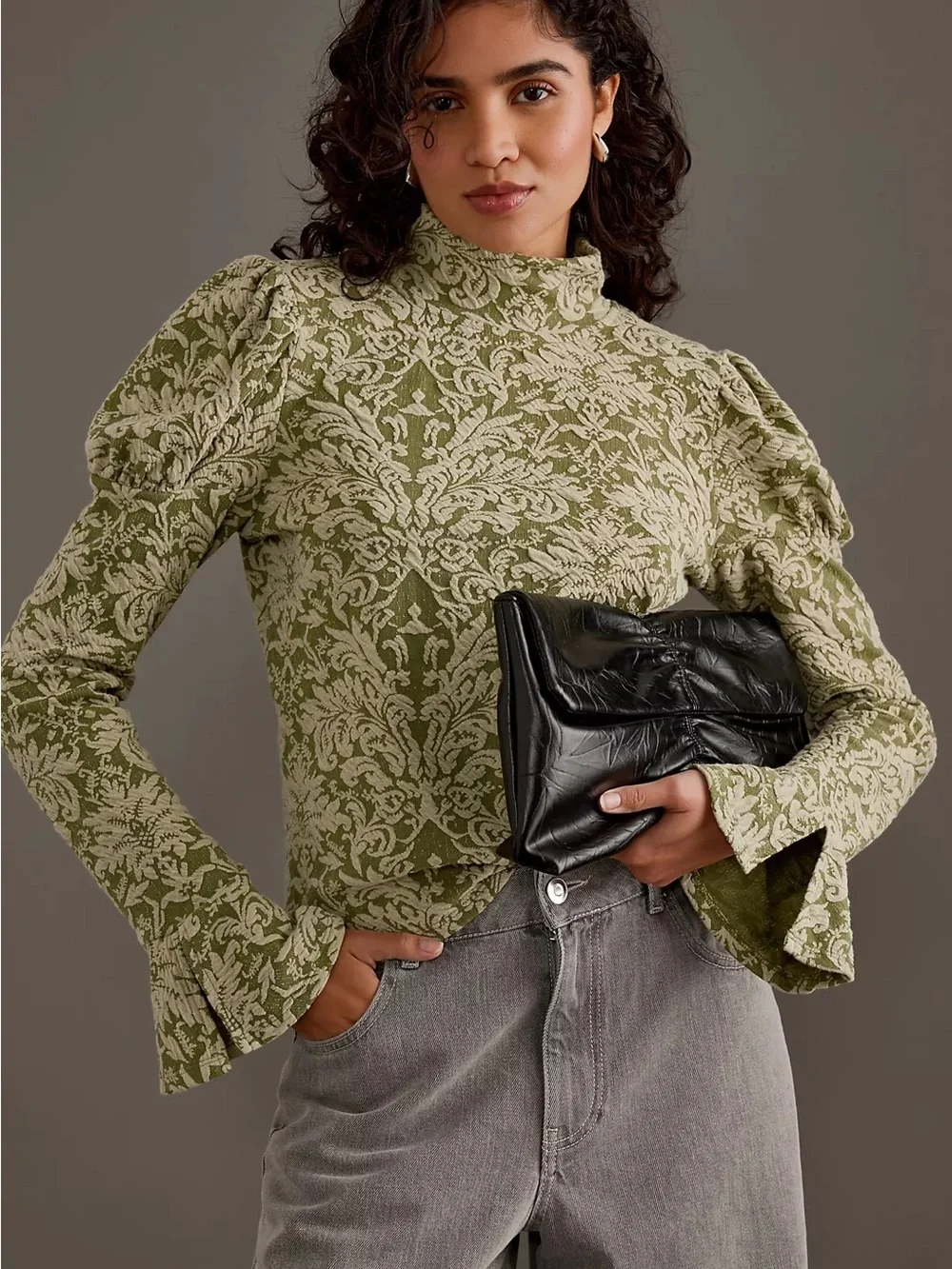 By Anthropologie Puff-Sleeve Turtleneck Jacquard Top